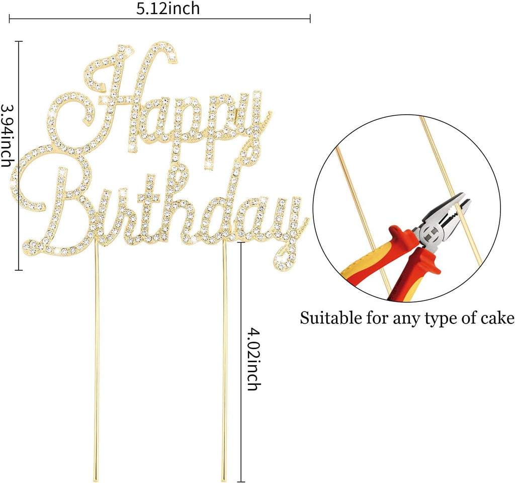 Jaciya Gold Happy Birthday Cake Topper Metal Rhinestones Birthday Cake Decorations for Women