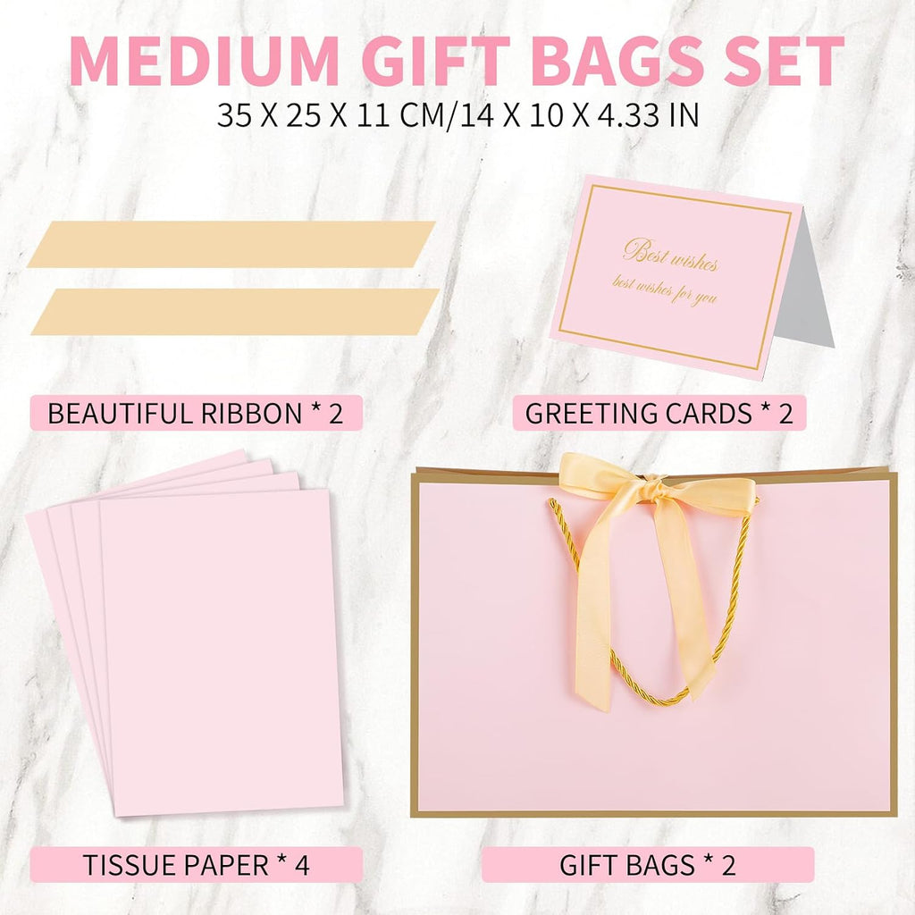 woric Pink Gift Bags with Handles, 14" Medium Gift Bags with Tissue Paper, 2 Pcs Pink Bags with 4 Tissue Paper and 2 Cards for Baby Shower Wedding Bridal Shower Birthday Party