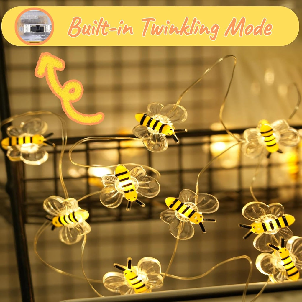 Bee Decor String Lights with Twinkling 10Ft 30Leds Battery Operated Spring Bee Bumble Cottage Core Decor Honey Gifts for DIY, Home, Classroom, Birthday, Party, Wedding, Christmas Tree
