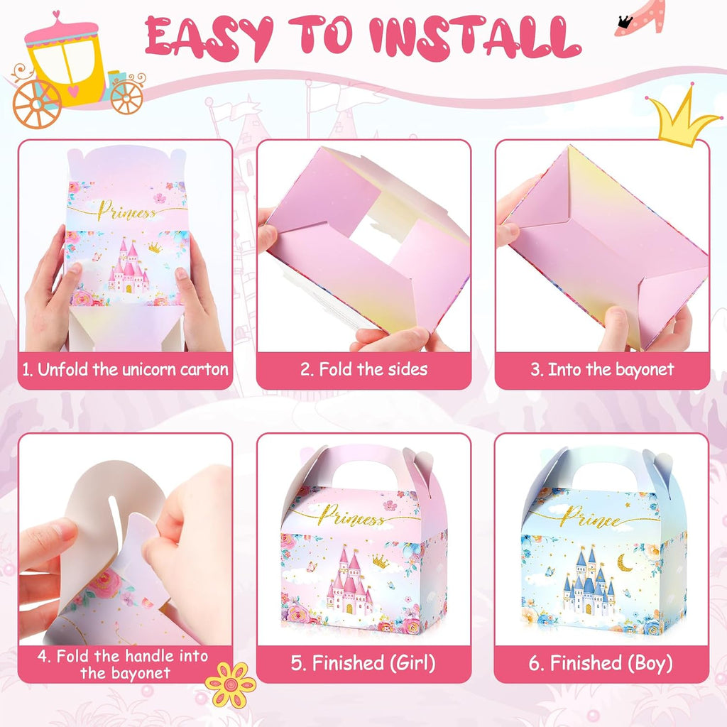 Nezyo 60 Pcs Princess and Prince Treat Boxes - Pink & Blue Crown Cardboard Goodie Boxes for Birthday Party Favors (Prince and Princess)