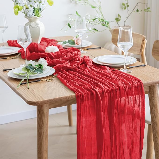 Asee'm 12PCS Fall Table Runner Cheesecloth 10FT Red Boho Gauze Fabric Rustic Sheer Cheese Cloth Runners for Thanksgiving Christmas Wedding Bridal Shower Party
