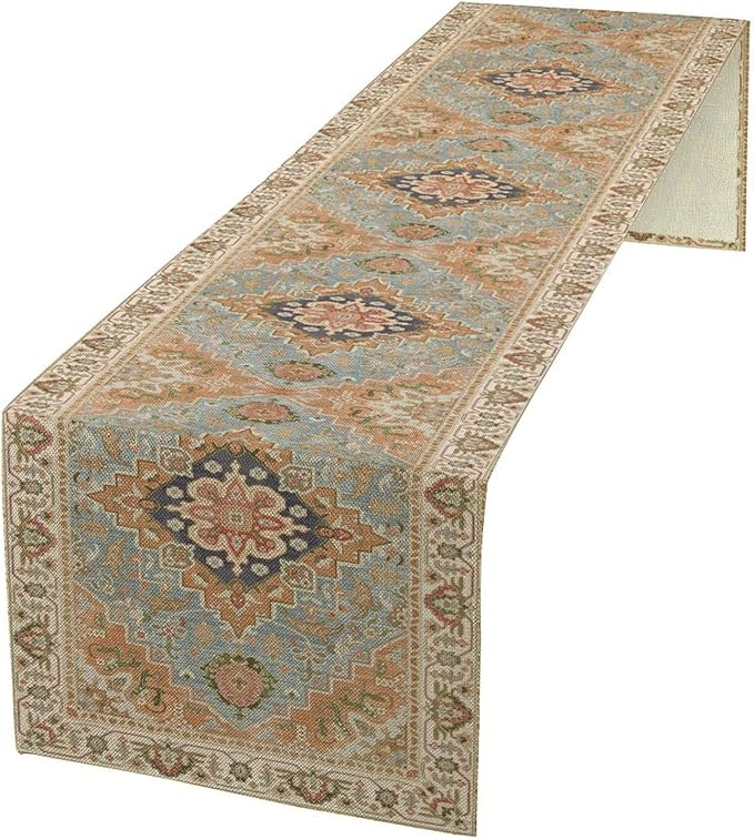 Vintage Boho Floral Table Runner, Rustic Country Farmhouse Grey Blue Orange Bohemia Flower Pattern for Home Kitchen Table Decor Dining Coffee Room Party Decor 13x108in