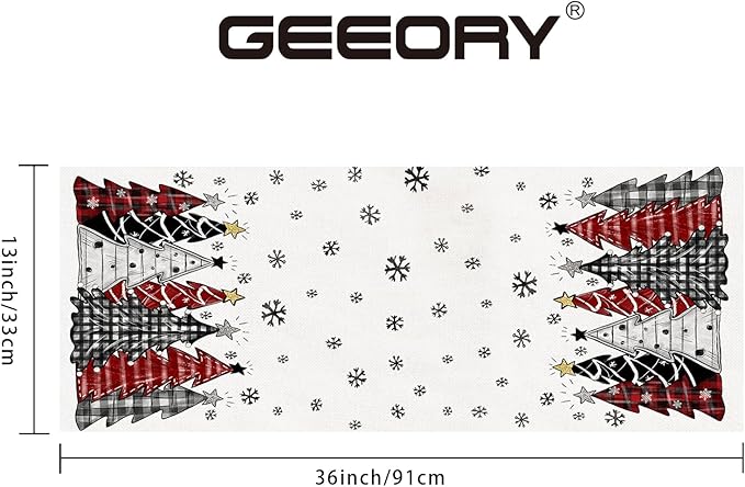 GEEORY Christmas Table Runner 13x36 Inch, Xmas Tees Snowflakes Holiday Decorative Farmhouse Table Decoration for Kitchen Dinning, Indoor Outdoor Dinner Party Decor (Red & Black) GT165-36
