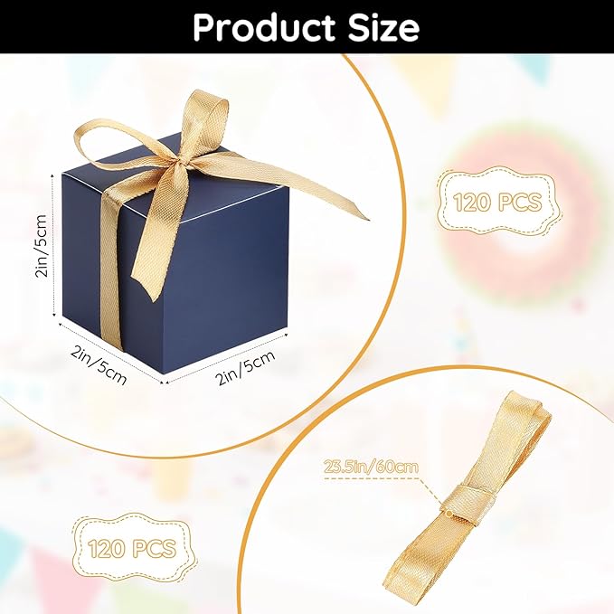 EUSOAR Favor Boxes, 120pcs 2x2x2 Inches Royal Blue Small Treat Boxes Mini Cookies Container with Gold Ribbon, Paper Cube Macaron Candy Box Soap Storage for Wedding Birthday Party DIY Supplies