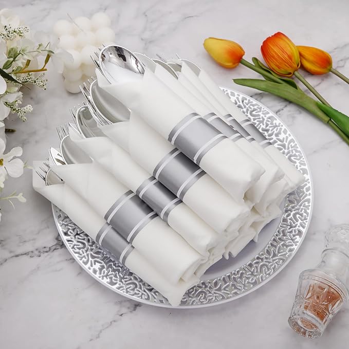Supernal 60 Pack Pre-Rolled Silver Plastic Cutlery Heavy Duty Wrapped Silverware Disposable Premium Silver Plastic Silverware Forks and Spoons for Halloween Thanksgiving Christmas