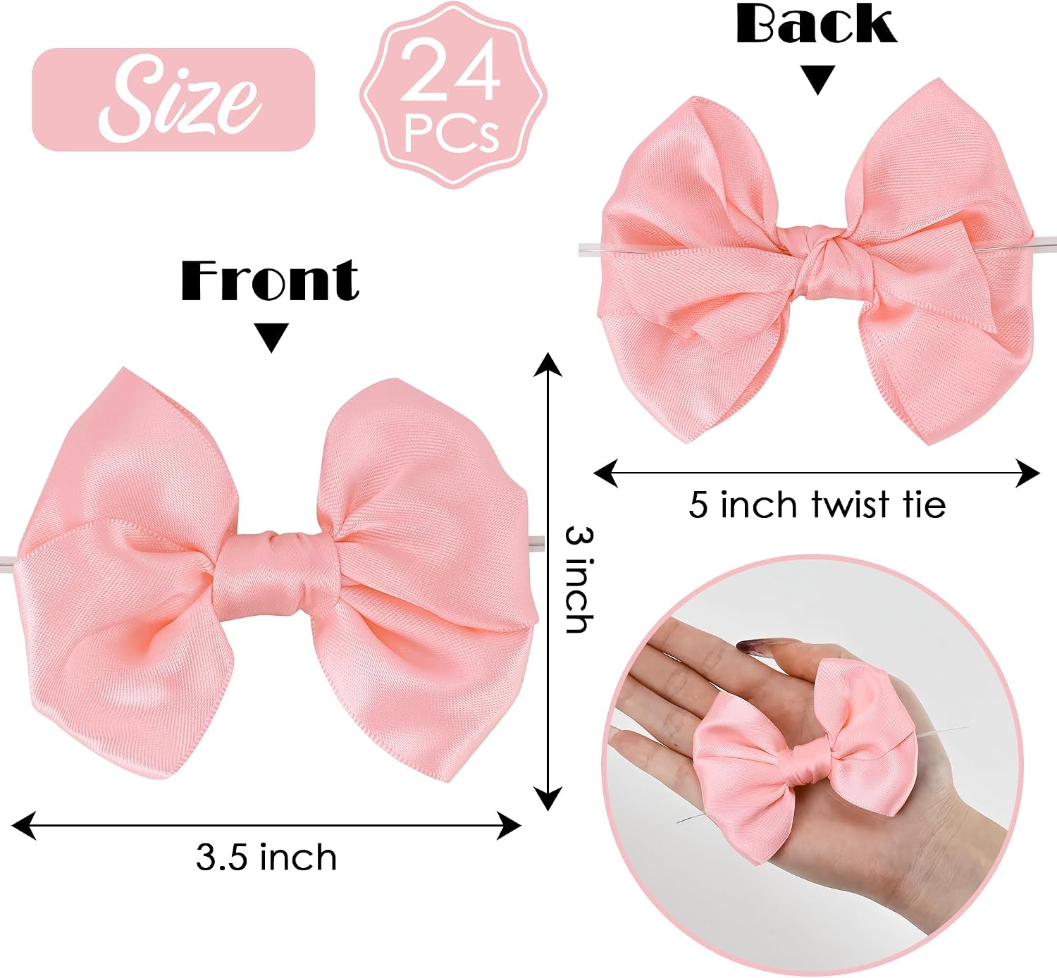 AIMUDI Pink Satin Ribbon Twist Tie Bows for Treat Bags 3.5" Baby Pink Bows for Crafts Small Pink Bows for Baby Shower Premade Bows for Cake Pops Candy Apple Wedding Favors Bridal Shower -24 Counts