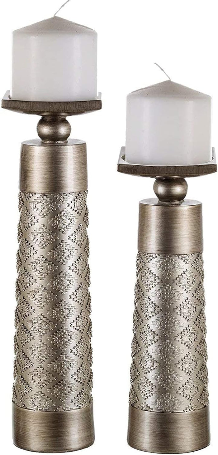 Creative Scents Dublin Silver Decorative Candle Holder Set of 2 - Home Decor Pillar Candle Stand, Coffee Table Mantle Decor centerpieces for Fireplace, Living or Dining Room Table, Gift Boxed