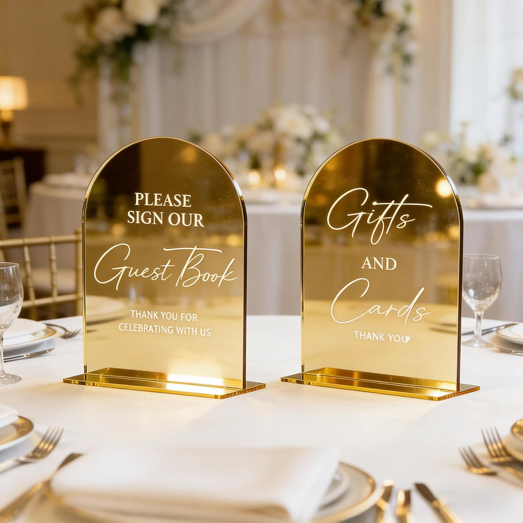 Acrylic Signs with Stand, 5x7 inch Gold mirror, Arched Wedding Table Signs and Base, 1/8" Thick Arch TableTop for Wedding Reception & Event Party Table (Cards and Gifts Sign and Guest Book Sign)