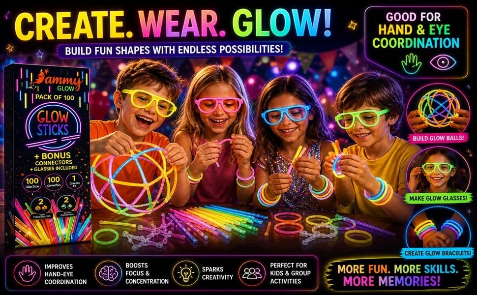 Ammy Glow Glow Sticks (205 Pcs Kit) Bulk Party Pack-100 Pack Glow Sticks with Connectors & Glasses- Party Favors for Kids 8-12- Neon Glow in The Dark Party Supplies for Birthdays & Events