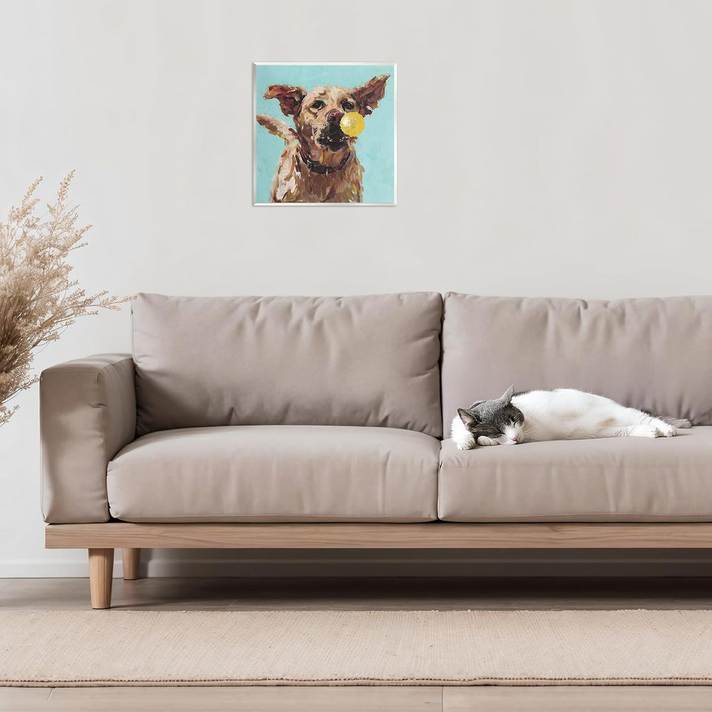 Dog Playing with Ball Joyful, 12 x 12 Inch Mounted Print on Wall Plaque | Stupell Industries · By Studio Bautista · Ready to hang · Great for living room or game room · Made in USA