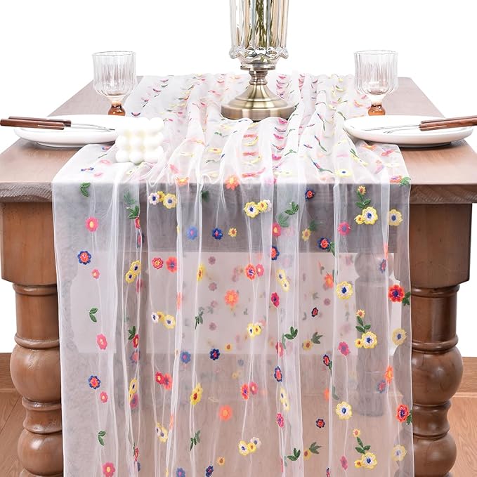 Joanlody Ivory Embroidery Daisy Fall Thanksgiving Table Runner 10ft Florals Seasonal Tulle Table Runner Holiday Kitchen Dining Table Decoration for Home Party Indoor