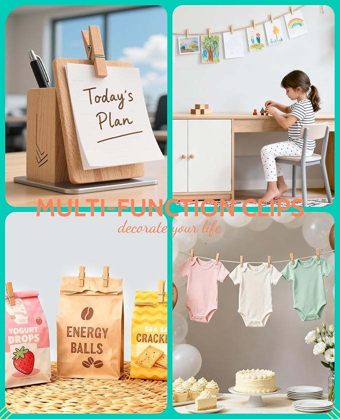 Mini Clothespins, Sopito 100 Pcs 1.4'' Strong Wooden Mini Clips for Photos with 10 Pcs Washi Tapes and 43 Ft Jute Twine, Colorful Small Clothes Pin for Picture, Crafts, Baby Shower