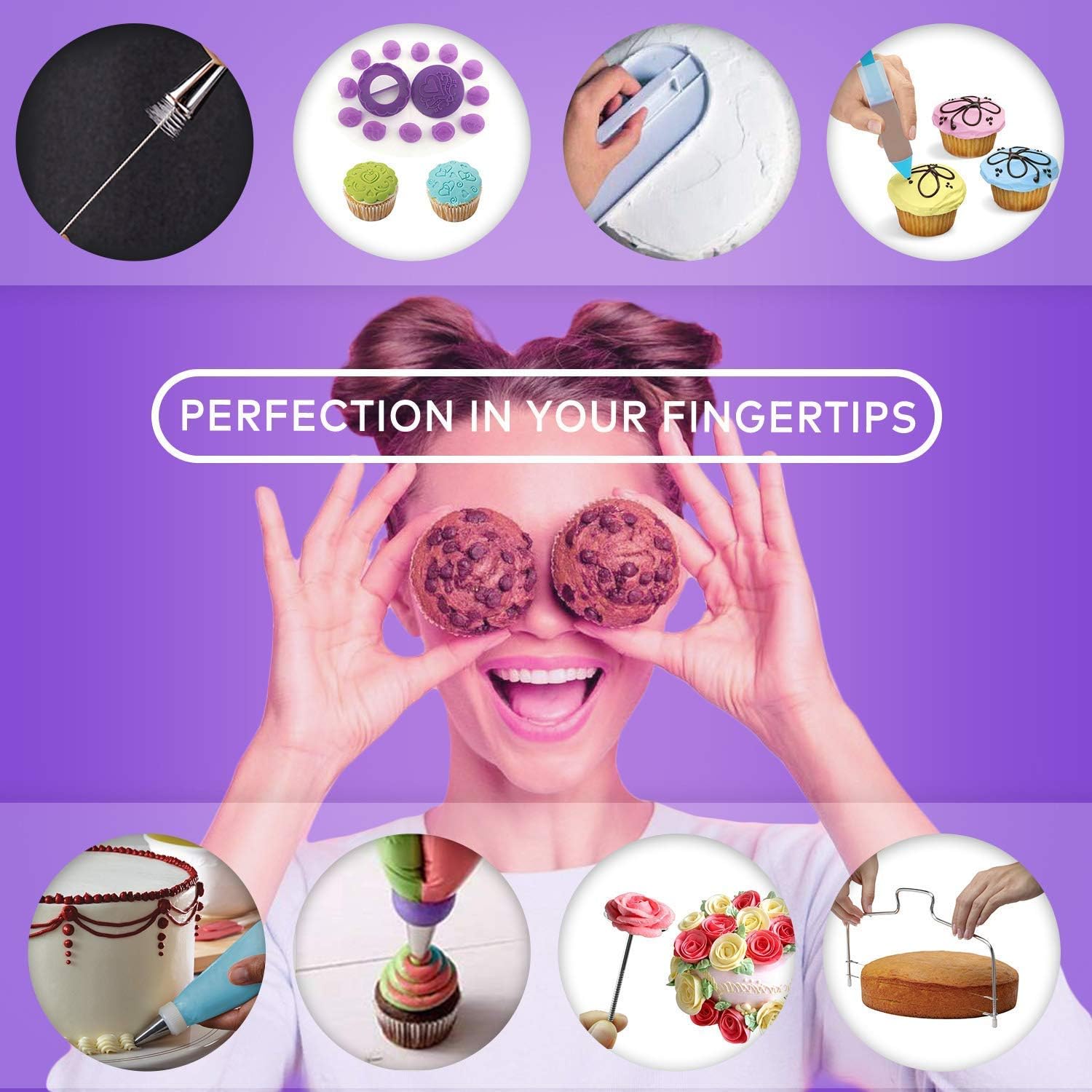 Cake Decorating Supplies Kit with Ebook, Cake Turntable for Decorating, 64 Icing Ping Tips, 32 Piping Bags,3 Icing Scrapers, 2 Spatulas, 14 Fondant Mould, Cake Leveler for Baking Beginners(Blue)