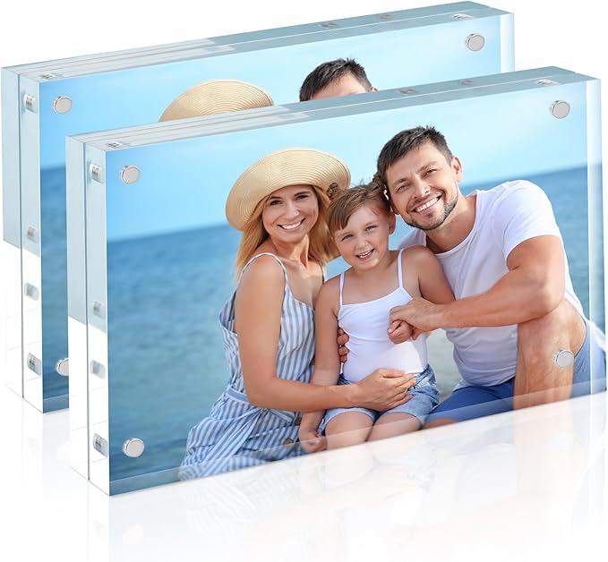 HOUSE DAY Acrylic Picture Frames 3.5x5, 2 Pack Magnetic 3.5 x 5 Picture Frame, Double Sided Clear 3.5x 5 Photo Frame with Microfiber Cloth, Frameless FreeStanding 3.5x5 Frame Gift for Desktop Display
