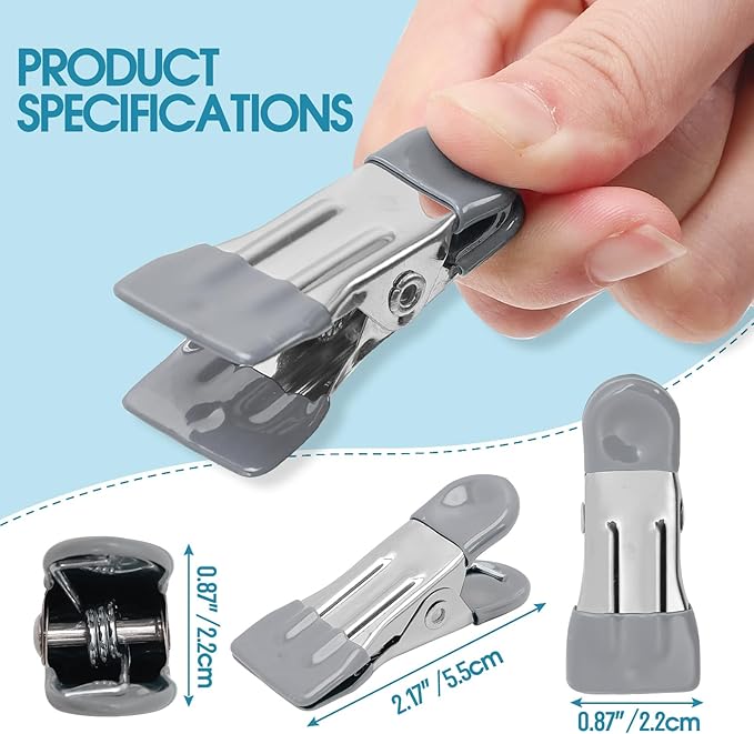 Clothes Pins Heavy Duty 30 Pack - 2.17 Inch Metal Chip Clips, Clothespins for Photo Drying Clothesline Laundry Sock, Bag Clips for Food Kitchen Stainless Steel with Rubber, Gray