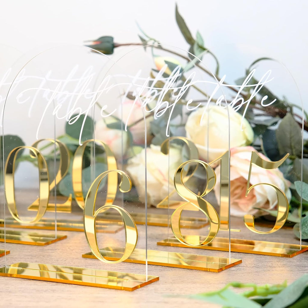 HOODO Clear Arch Wedding table numbers 1-15 with Stands, 5"x7" Arched Acrylic Signs with Gold Mirror Numbers, Clear and Gold Acrylic Table Numbers for Wedding Reception, Party, Anniversary, Event