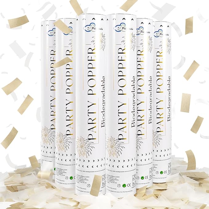 White Mix Gold Rice Confetti Cannon,6Pack Biodegradable Mulitcolor Confetti Poppers Party Shooters,12inch Party Poppers For Lawns Wedding,Birthday,Celebrations,Photo Shoots and New Years.