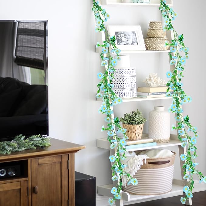 2 Pack Silk Flower Garland Artificial Blue Daisy Garland Fake Hanging Vines with Daisy Flowers for Wall Home Party Wedding Indoor Outdoor Spring Decor