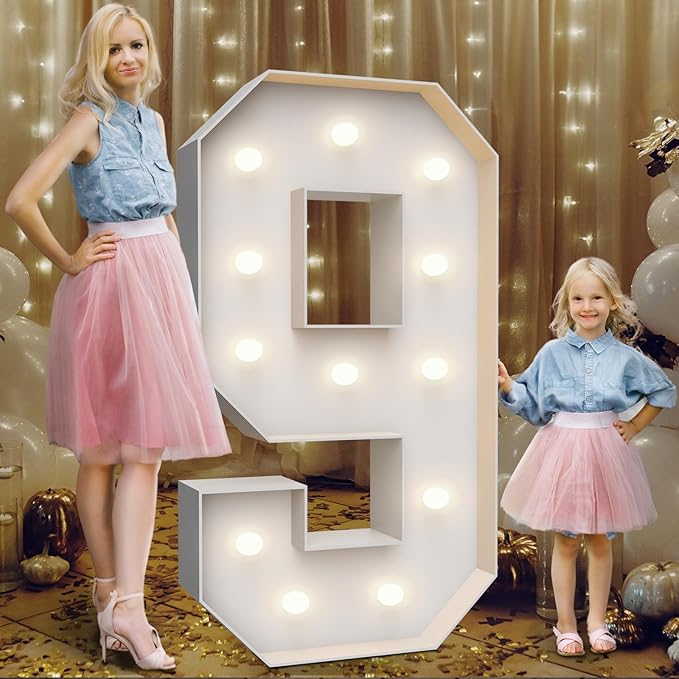4FT Marquee Light Up Numbers 9,Party Decoration Large Marquee Light Up Letters with Weighted Water Bag,Pre-cut Foam Board Set Can Be Used for Birthdays,Weddings,Baby Anniversaries