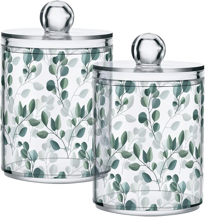 Qtip Holder Dispenser 4 Pack Green Watercolor Floral Leaves Apothecary Jars with Lids Bathroom Vanity Countertop Canister Storage Organizer for Cotton Ball,Swabs,Pads,Floss