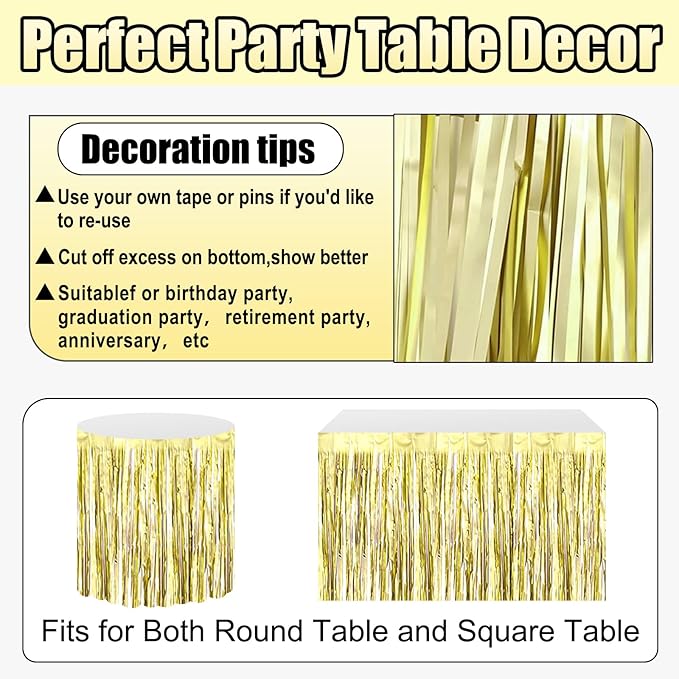 3 Pack 29x108 Inch Light Gold Foil Fringe Table Skirts Metallic Banner for Tinsel Streamer Garland Backdrop for Parade Floats Wedding Thanksgiving Birthday Christmas Halloween Party Decoration