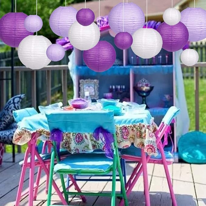 Paper Lanterns Decorative, Round Hanging Paper Lanterns Decorations for Bachelorette Engagement Birthday Party Decorations Purple/Lavender/White 15pcs