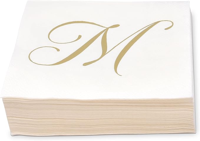 Gift Boutique 100 Gold Monogram Cocktail Napkins Letter M Disposable Paper Pack Elegant Metallic Golden Foil Hand Napkin for Powder Room Wedding Holiday Birthday Party Baby Shower Decorative Towels