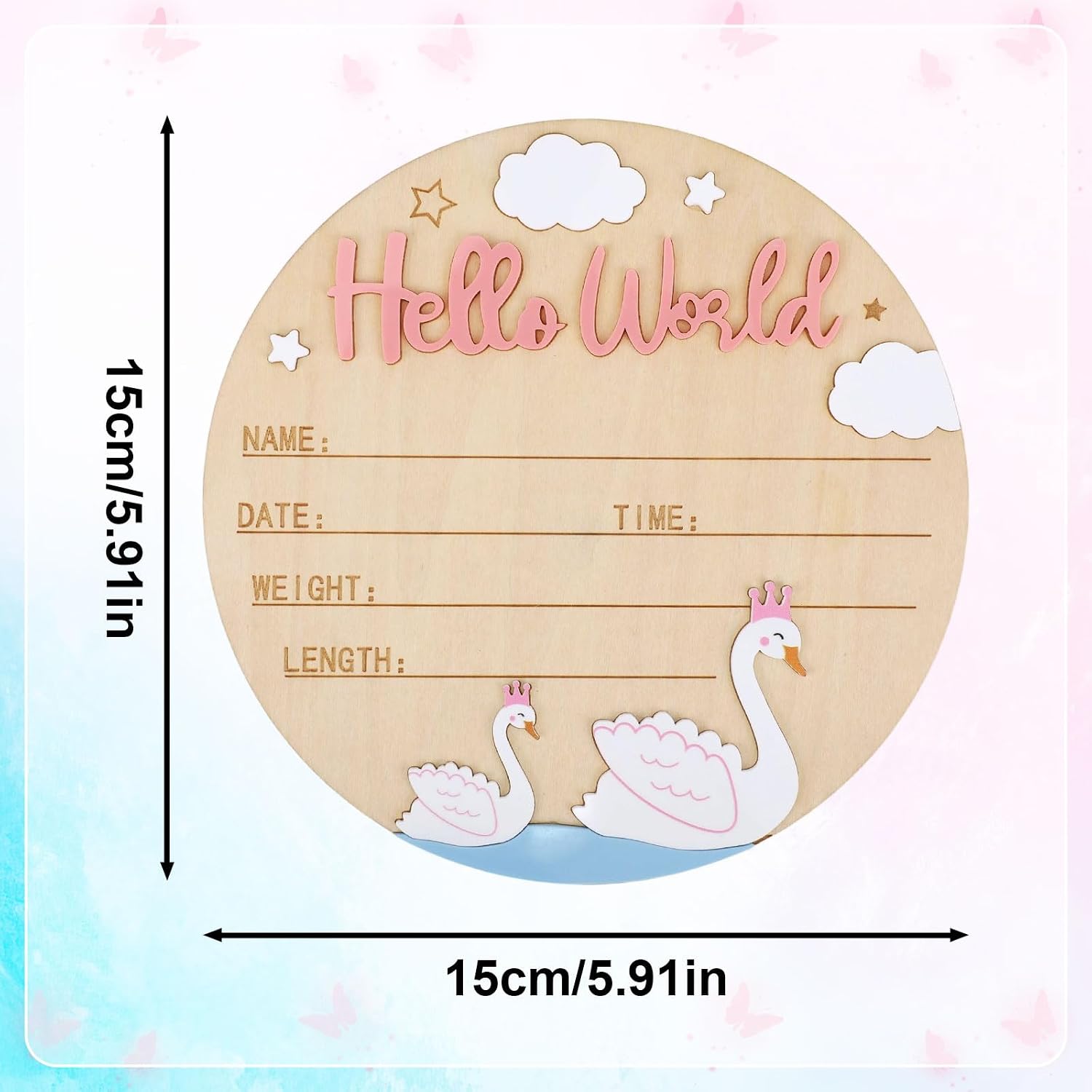 Birth Announcement Sign, 15cm/5.91in Wooden Hello World Newborn Sign Welcome Baby Board Baby Name Plaque for Home Hospital Photo Prop Nursery Decor (Swan Style)