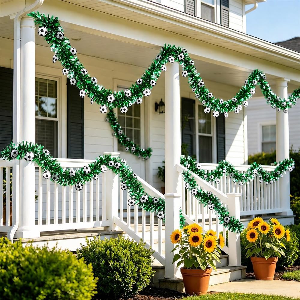 Soccer Tinsel Garland, Soccer Party Decorations, 5 Pack 33FT Football Tinsel Garland, Green Glitter Metallic Tinsel Twist Garlands for Indoor Outdoor Sports Game Day Home Birthday Party Decoration