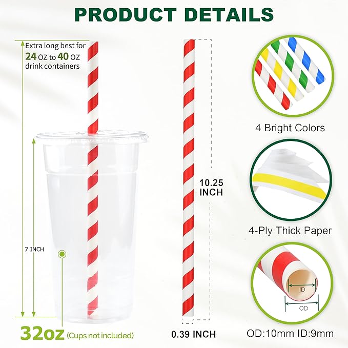 [10MM Wide] 10.25 Inch Extra Long Fat Sturdy Paper Drinking Straws for Smoothies, Milkshakes, Thick Frozen Drinks - 100 Counts, Colorful Stripes - Biodegradable