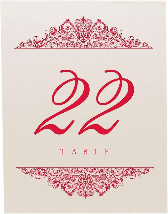 Paisley Wedding Table Numbers (Select Color/Quantity), Champagne, Ruby Red, 1-40, Double Sided, Tent or Use in a Stand, Great for Parties & Restaurants - Made in the USA