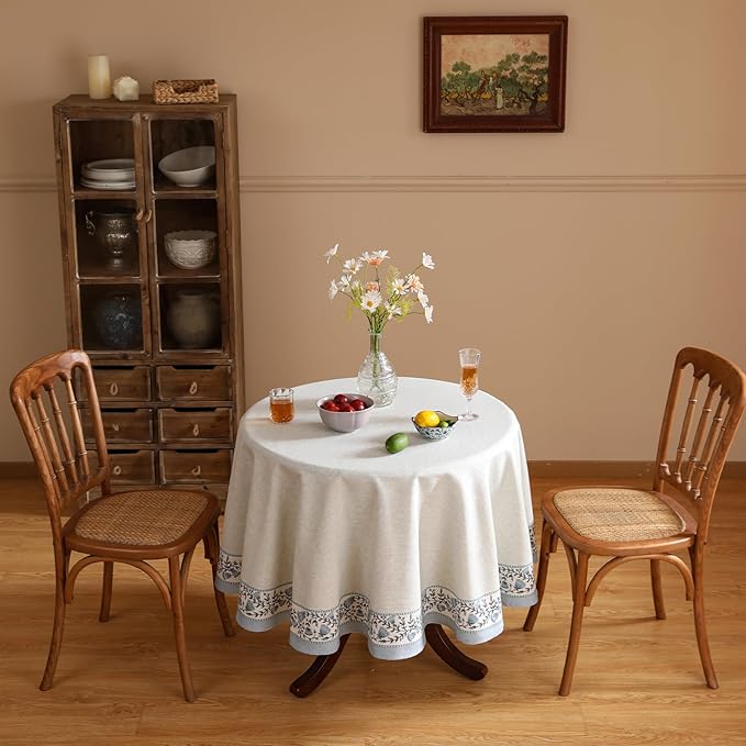 ISAENNE Designer Vintage Linen Elegant Round Tablecloth,Chinoiserie Floral Indoor Table Cloth,Wrinkle Resistant Decor Table Cover for Dining Thanksgiving Kitchen,Diameter 67"-Segerman B