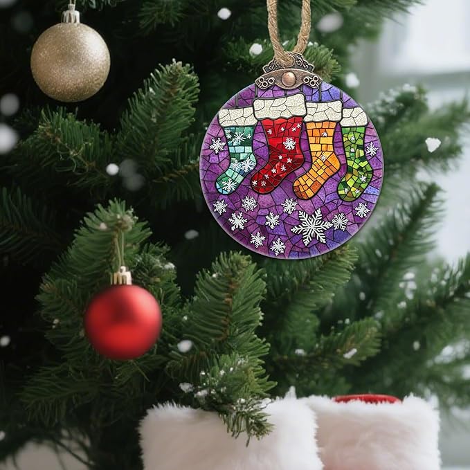 Stained Glass Christmas Decorations, Colorful Stockings Purple Suncatcher for Window Christmas Tree Hanging Ornaments Snowflake Sun Catcher Xmas Decor Gifts for Women Men Mom Nana Friend