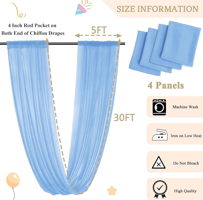MODFUNS Baby Blue Ceiling Drapes Chiffon Ceiling Fabric Draping Fabric 5x30ft 4 Panels Semi Sheer Wedding Arch Drape Unique Ceiling Curtain for Wedding Banquet Stage Prom Ceiling Drapery