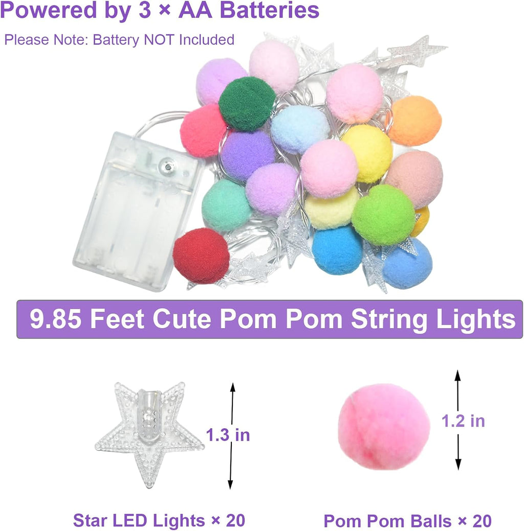 9.85FT String Lights for Kids Room with 20 Cute PomPoms 20 Colorful Star LED Indoor String Lights Battery Operated with Timer for Girls Bedroom Birthday Party Kids Playhouse Wedding Party Decoration