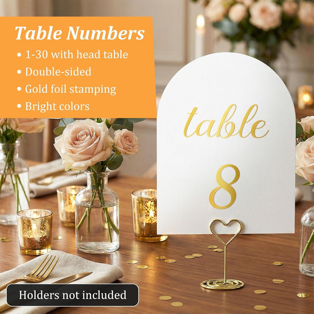 Arch Table Numbers 1-30 Plus Head Table, 5.9x3.9 Inch White Card Stock, Double-Sided Gold Foil Embossed, Elegant Wedding Reception Centerpiece Decoration Event Party