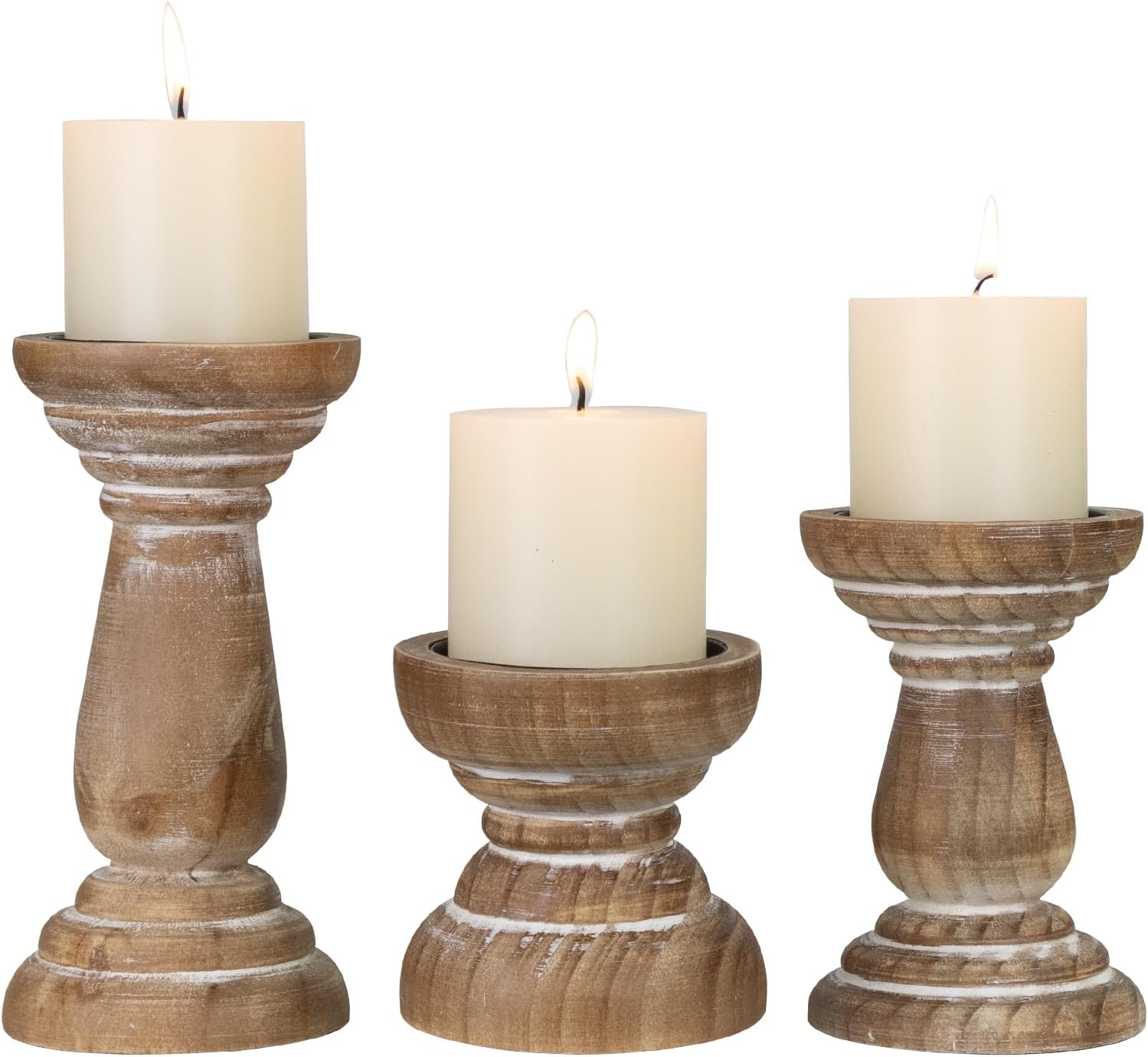 Candle Holder for Pillar Candle Set of 3, Farmhouse Wood Candle Holder, Rustic Wooden Candle Stand, Vintage Small Wooden Candlestick HoldersDecorative for Living Room, Table Centerpiece (Brown)
