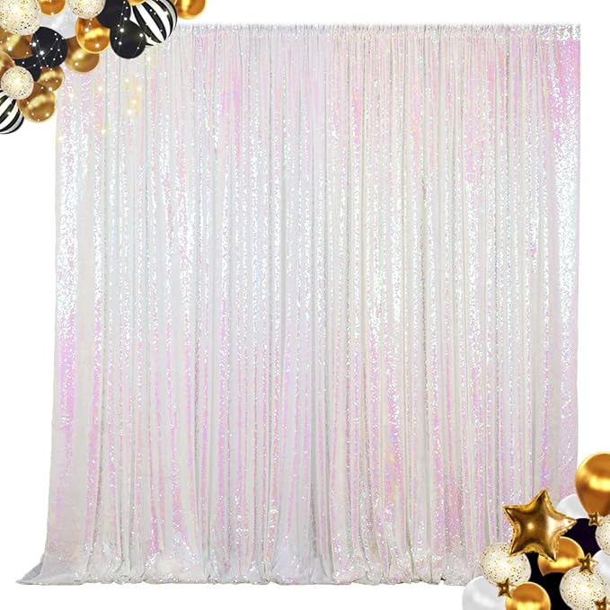 ShinyBeauty 7FTX7FT Iridescent White Sequin Backdrop | Glitter Wedding Photo Booth Background | Sparkly Shimmer Baby Shower Decor | No Dropping Sequins | Dense Backdrops Design