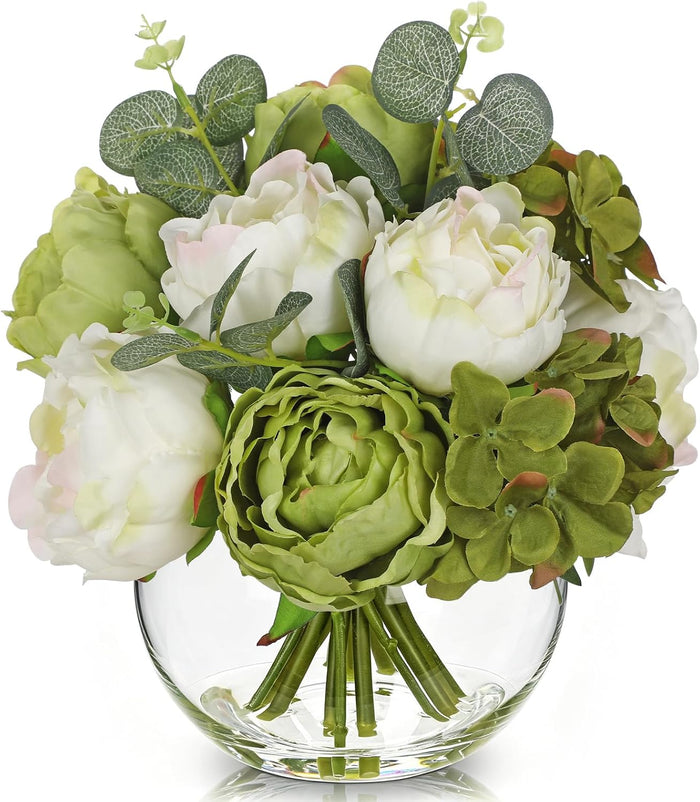 Hollyone Peonies Artificial Flowers in Vase White Green Peony Hydrangea Fake Flowers Silk Flower Arrangements with Glass Vase with Faux Water for Home Decor Bathroom Table Centerpiece Decorations