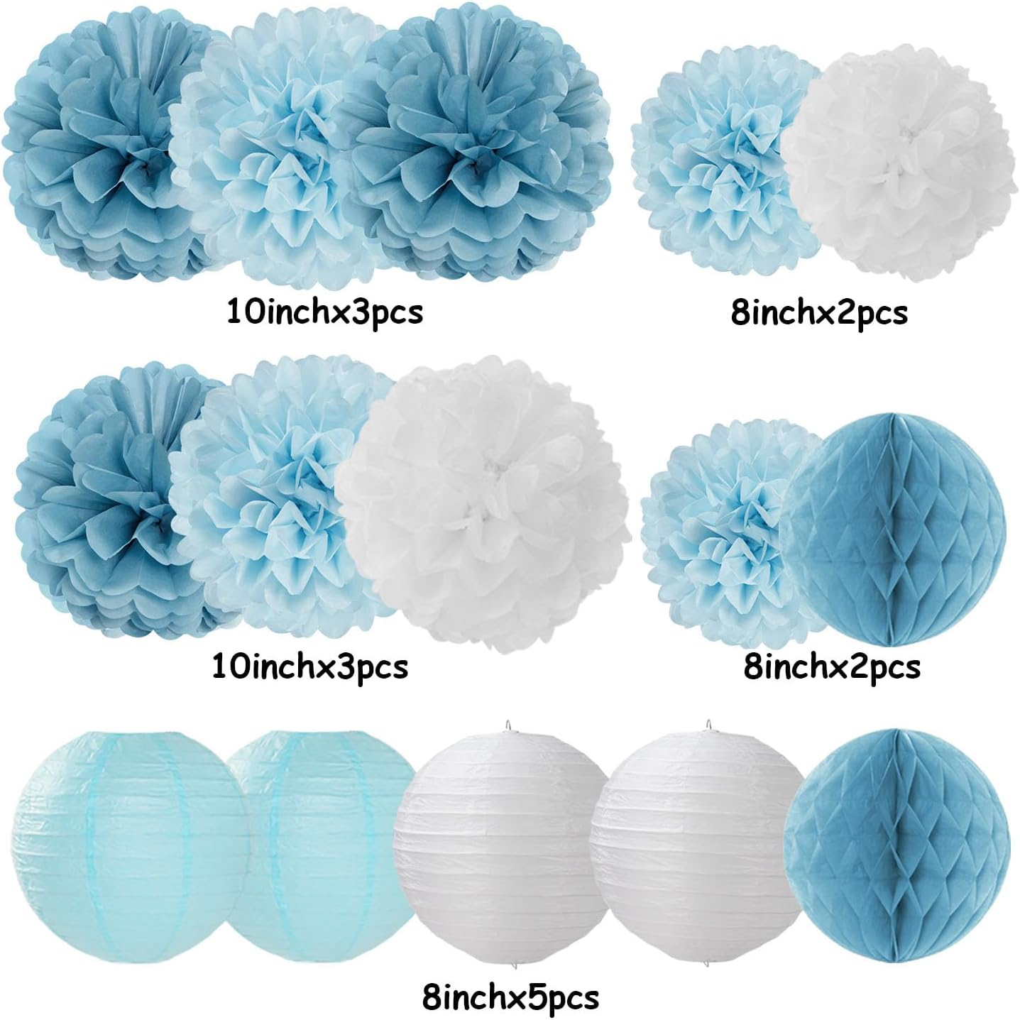 Dusty-Blue White Party-Decorations Paper-Flowers Lanterns - 15pcs Birthday Baby Bridal Shower Tissue Pom Poms Streamers Honeycomb, Boy Men Wedding Bachelorette Hanging Supplies Decor Hugfond