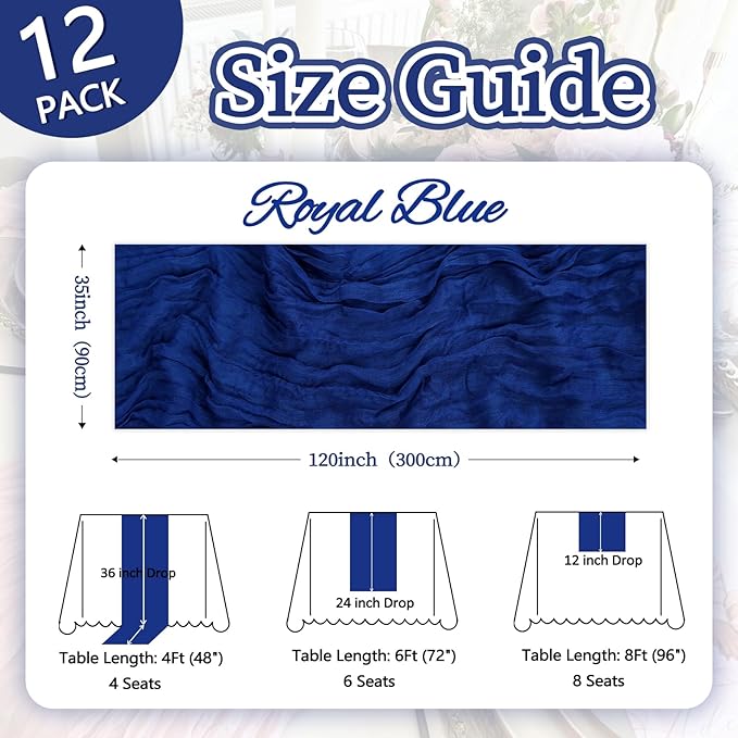 12 Pack Royal Blue Cheesecloth Table Runner 10ft Boho Gauze Fabric Cheese Cloth Table Runner 35 x 120 Inch Rustic Sheer for Romantic Wedding Decor Baby Shower Party Table Centerpiece Decoration
