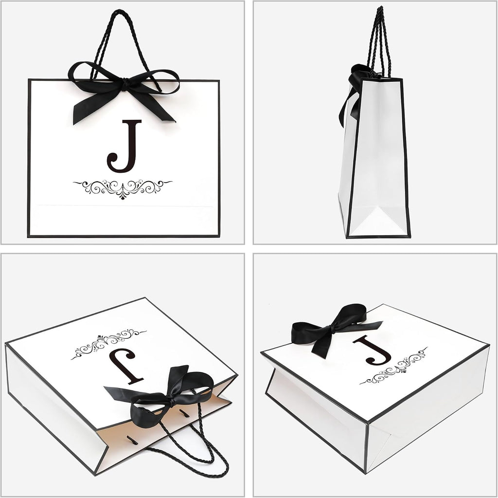 KeerxunBag Personalized Monogram Gift Bags Set - Initial J White Gift Bags with Bow, Tissue Paper, Greeting Card & Envelope for All | Medium Party Favors, Reusable Gift Packaging (J)