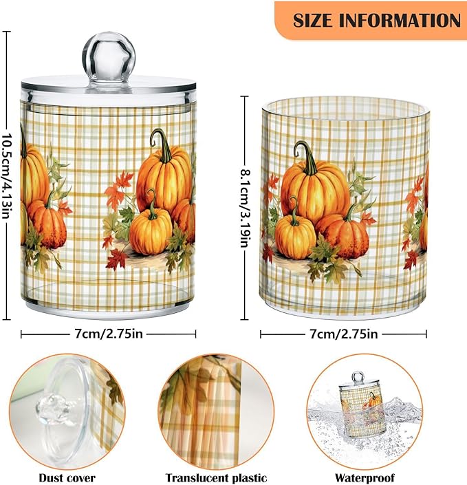 Gredecor 4 Pack Apothecary Jars with Lid Pumpkins Gingham Plaid Qtip Holder Dispenser Storage Containers Clear Plastic Rustic Fall Autumn Thanksgiving Theme Canisters for Bathroom Vanity Organization