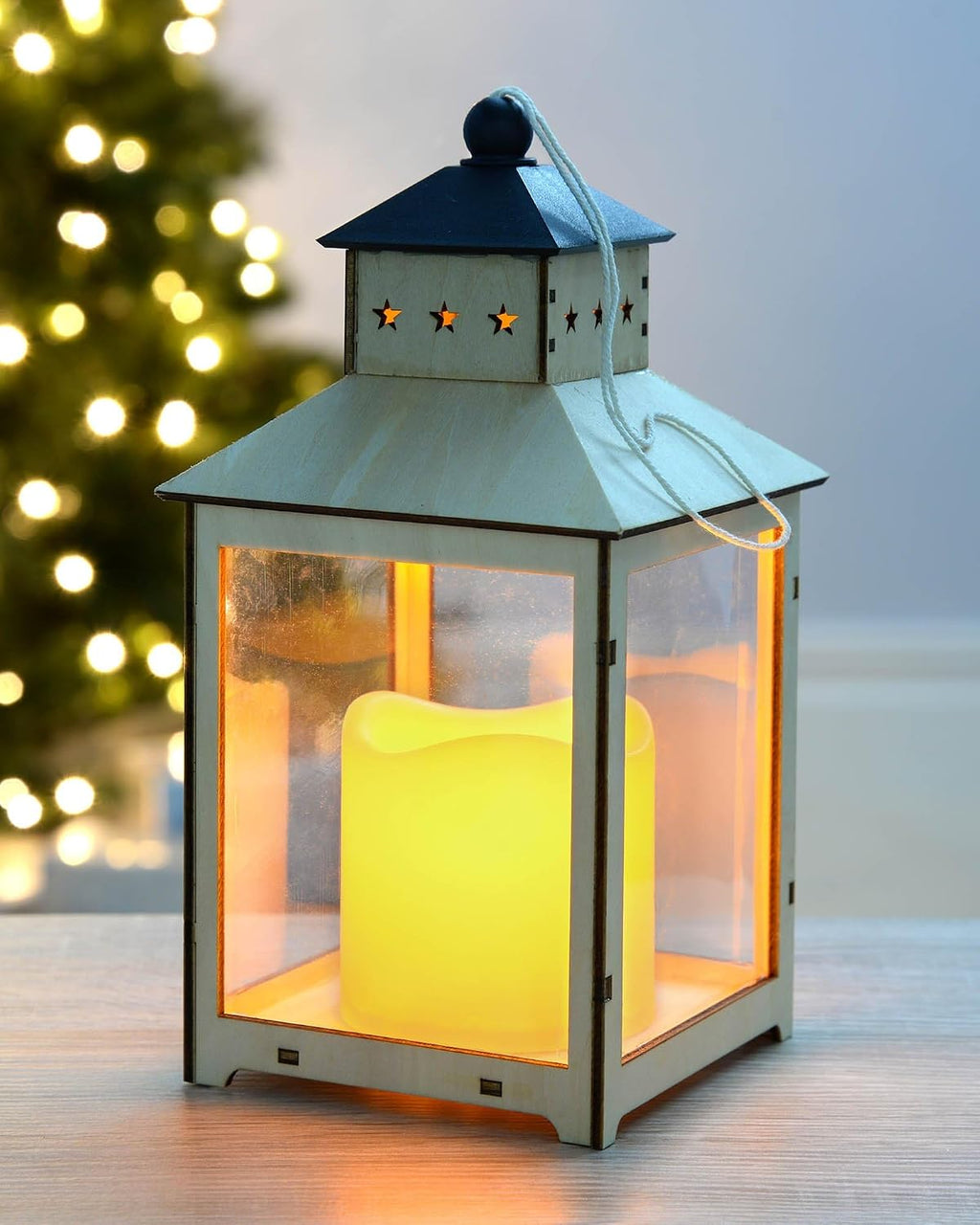 Pre-Lit Wooden Lantern with Flickering LED Candle Christmas Decoration - 21.5 x 12 x 12 cm, Multi-Colour