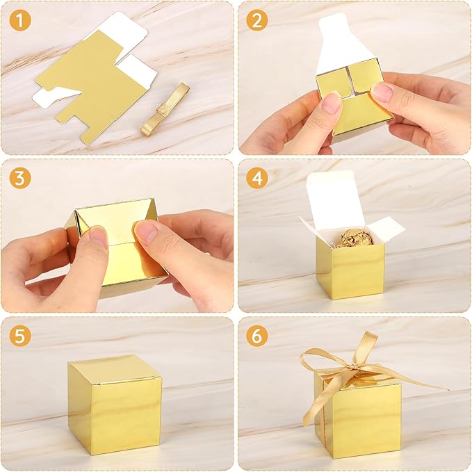 EUSOAR Small Gift Boxes with Lids, 120pcs 2x2x2 Inches Gold Party Favor Box Soap Packaging with Ribbon, Cube Candy Box Mini Muffins Bags Macaron Container for Birthday Advent Calendar DIY Supplies