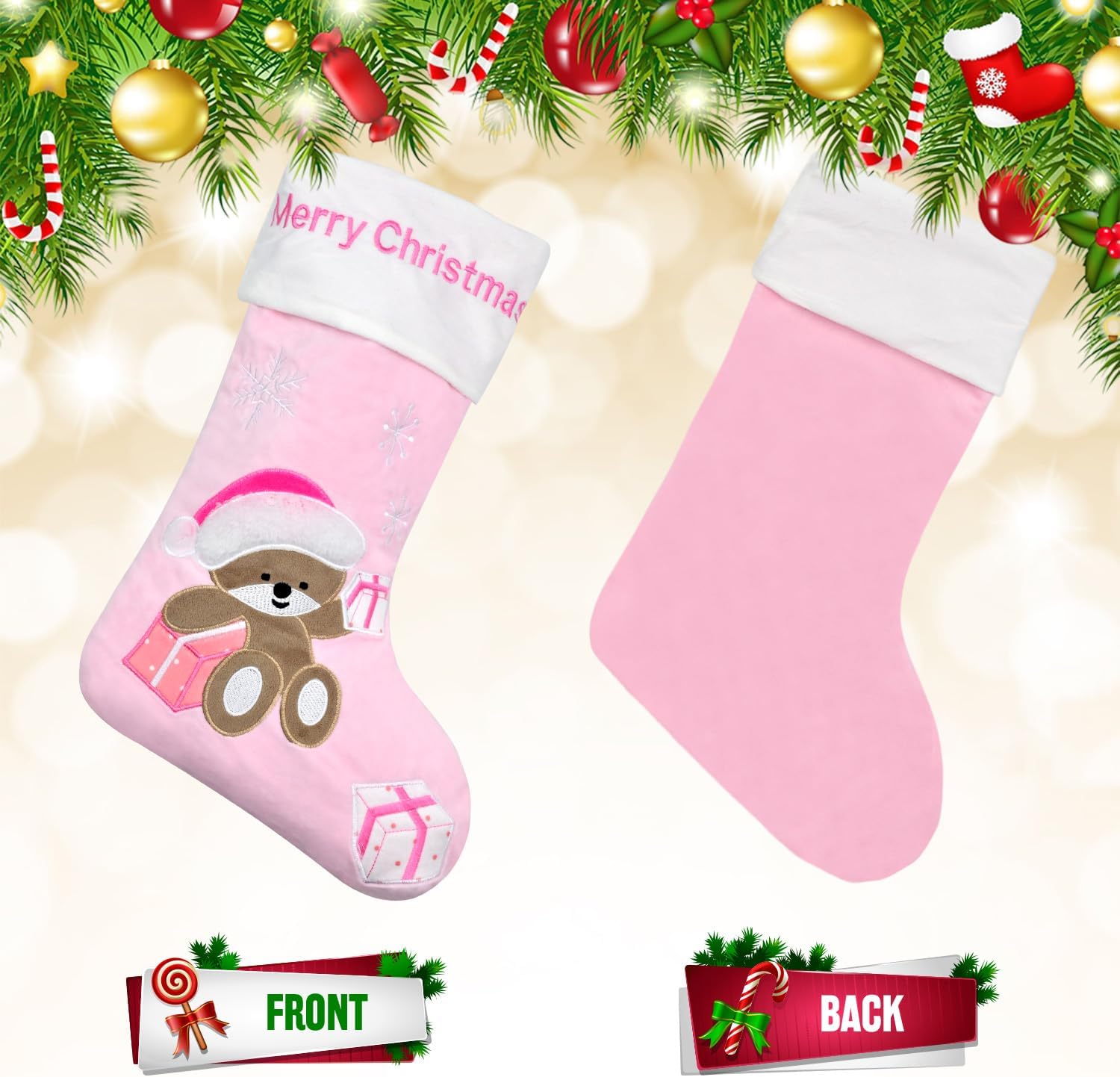 Christmas Stocking Baby First Christmas Stockings 20 Inch Pink Blue Kids Christmas Stockings with Bear Embroidered Children Christmas Stocking with Gift Box for Boys Girls Large Xmas Stocking