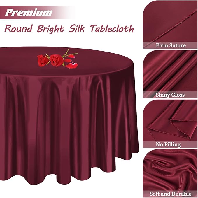 fani 12 Pack 120 Inch Burgundy Satin Tablecloth - Premium Bright Silky Round Tablecloth Overlay Smooth Fabric Table Cover, Table Decoration for Wedding Party Banquet Events Restaurant Kitchen Dining