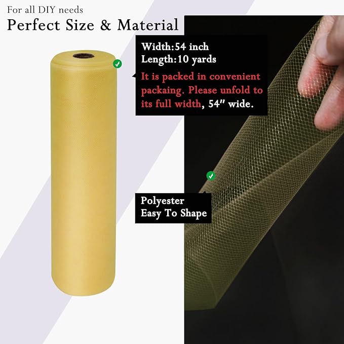 Antique Gold Tulle Fabric Rolls 54 Inch by 10 Yards Fabric Tulle Bolt for Wedding Christmas Decorations Gift Wrapping DIY Tutu Baby Shower Table Skirt Birthday Party Craft Supplies