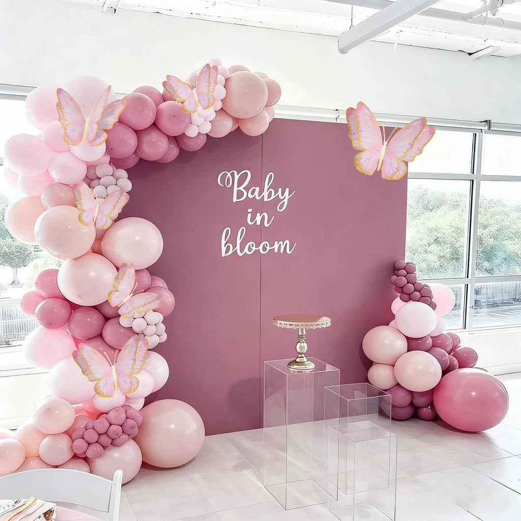 Mverse 3D Butterfly Wall Decor - Gold Paper Butterflies Sticker for Balloon Arch Garland & Cake Topper - Removable Mural Decals for Baby Shower, Wedding, Nursery & Girls Room Decoration (Pink)