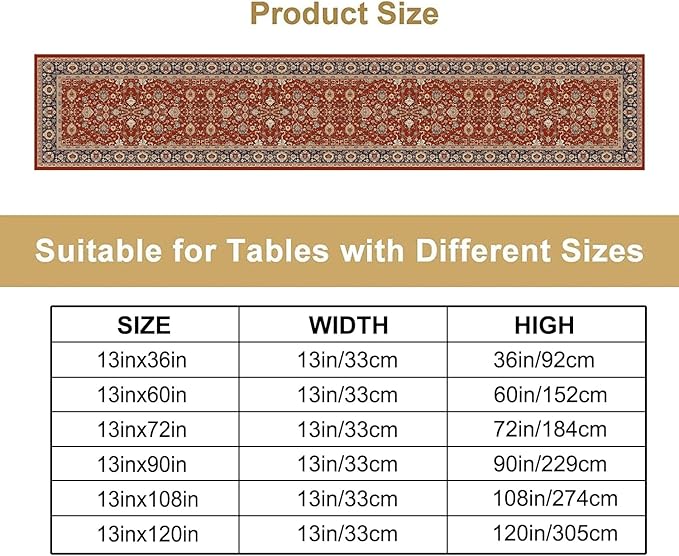 Boho Floral Vintage Red Blue Table Runner, Retro Flower Rustic Country Farmhouse Abstract Pattern for Home Kitchen Table Decor Dining Coffee Room Party Decor 13x120in